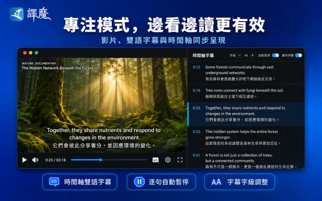 譯魔字幕時間軸與逐句學習介面